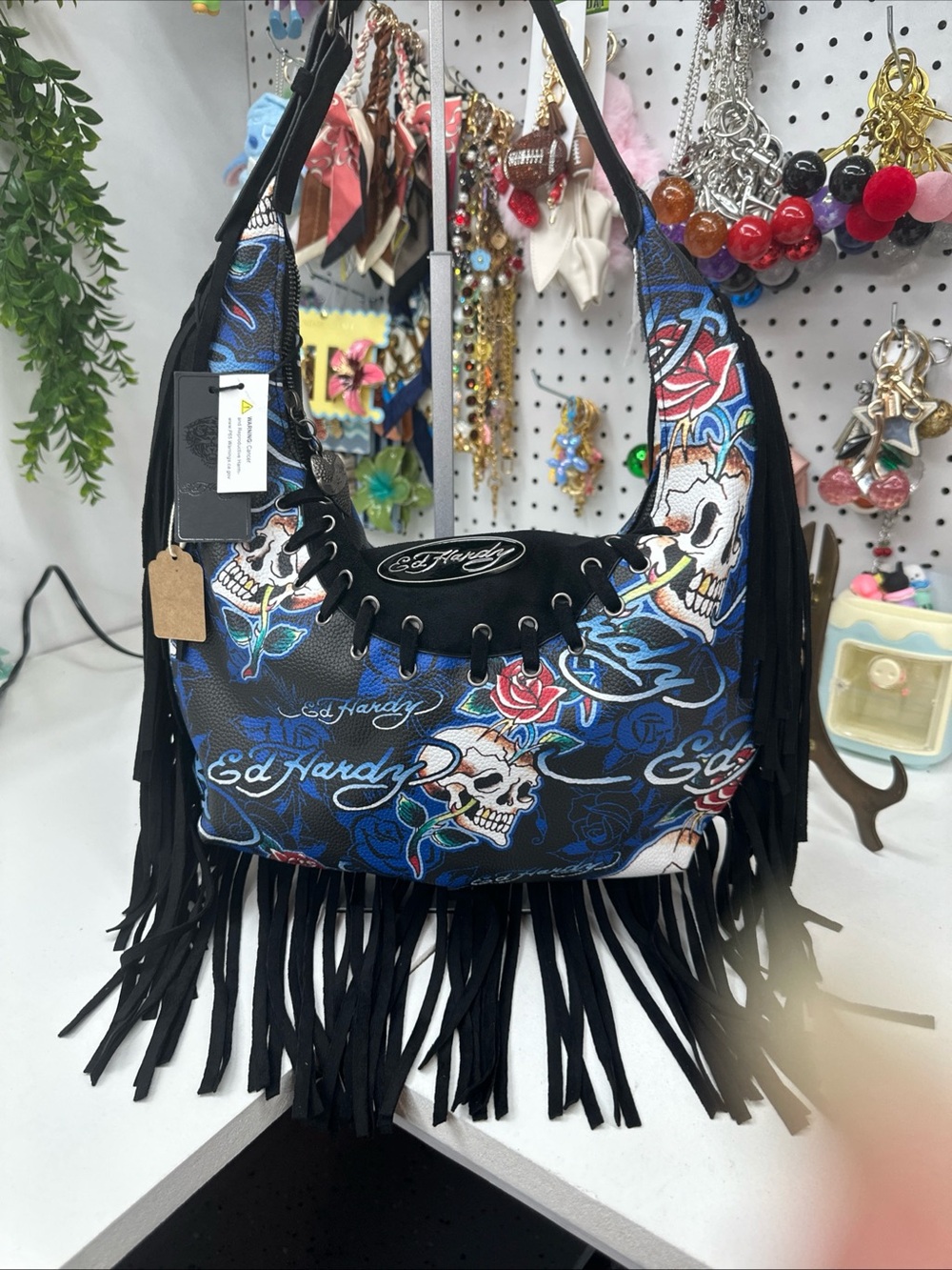 Ed Hardy Black Shoulder Bag with Blue Skull & Red Rose Print and Fringe